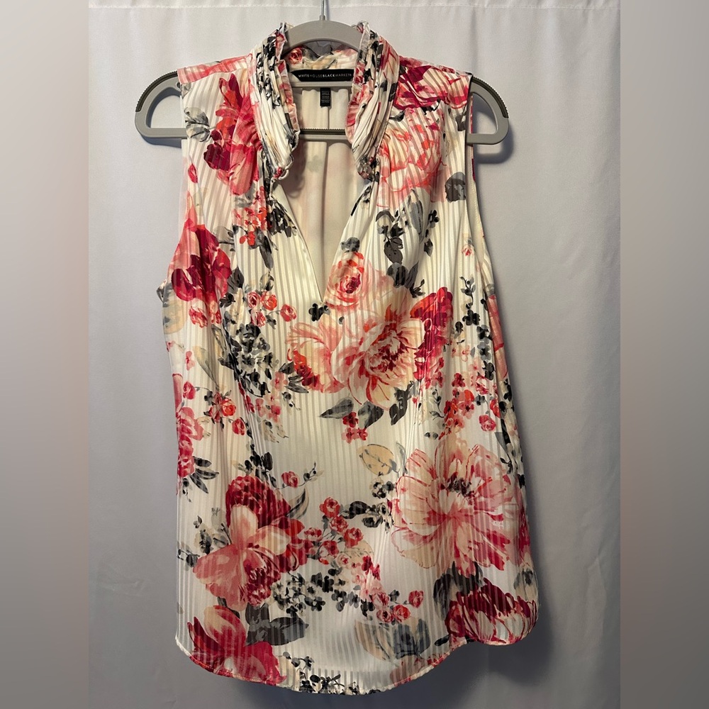 White House Black Market Sleeveless White/Pink Floral Blouse Women's Size 14 - Picture 11 of 12